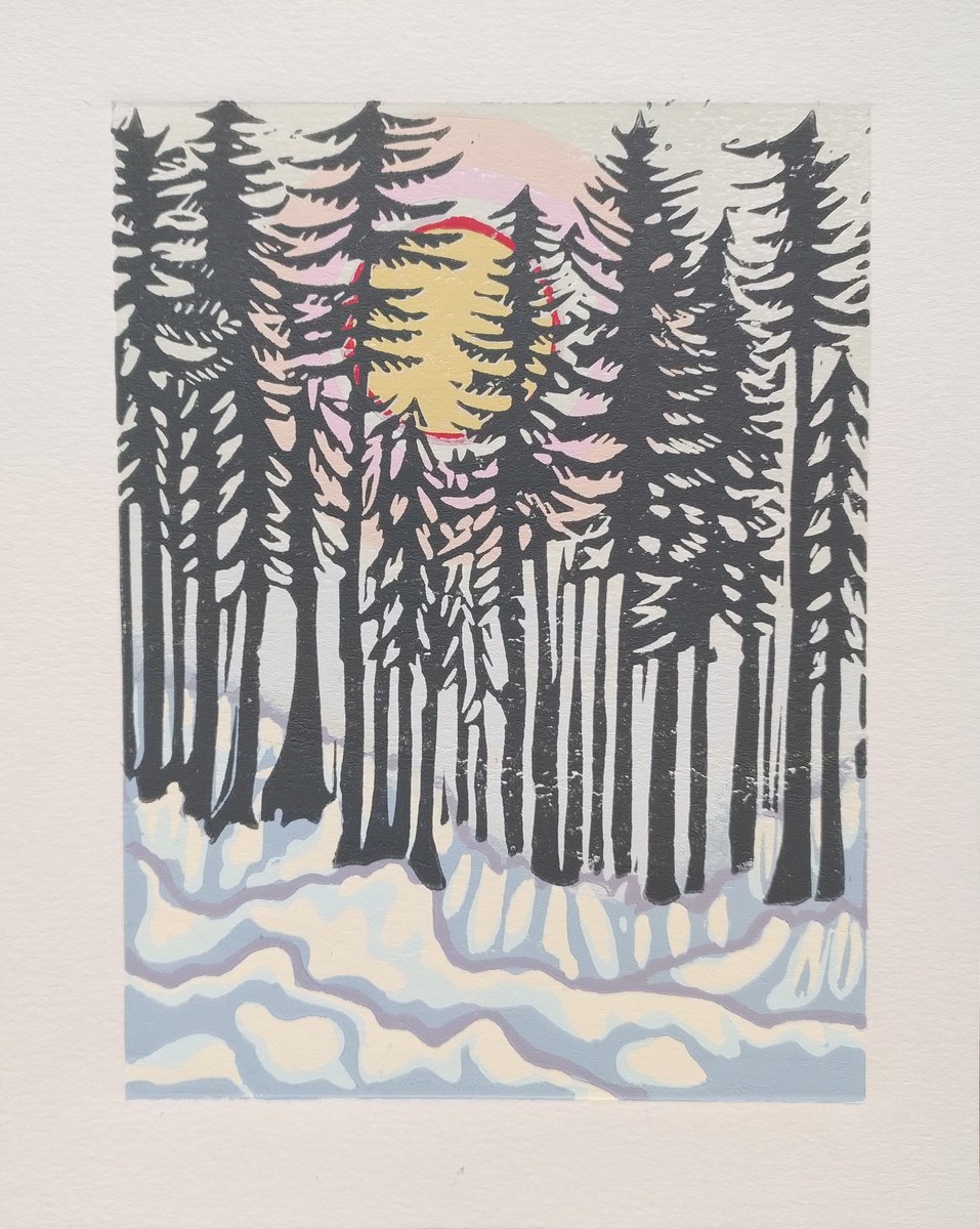 Graphic Landscape Linocut By Joanna Plenzler, 8 X 10, Winter Forest, Original Artwork
