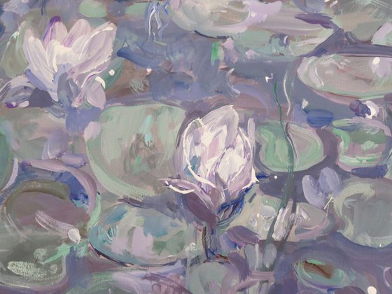 Large painting 160x100 cm unstretched canvas "Lilies in a dark water" i030 original artwork by Airinlea