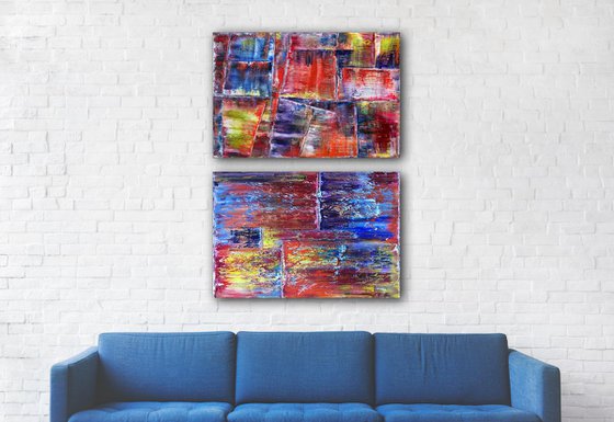 "Compliments" - Save As Series - Original Large PMS Abstract Diptych Oil Paintings On Canvas - 36" x 48"