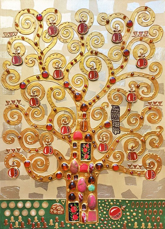 The Pomegranate Tree. Relief textured golden painting with precious stones