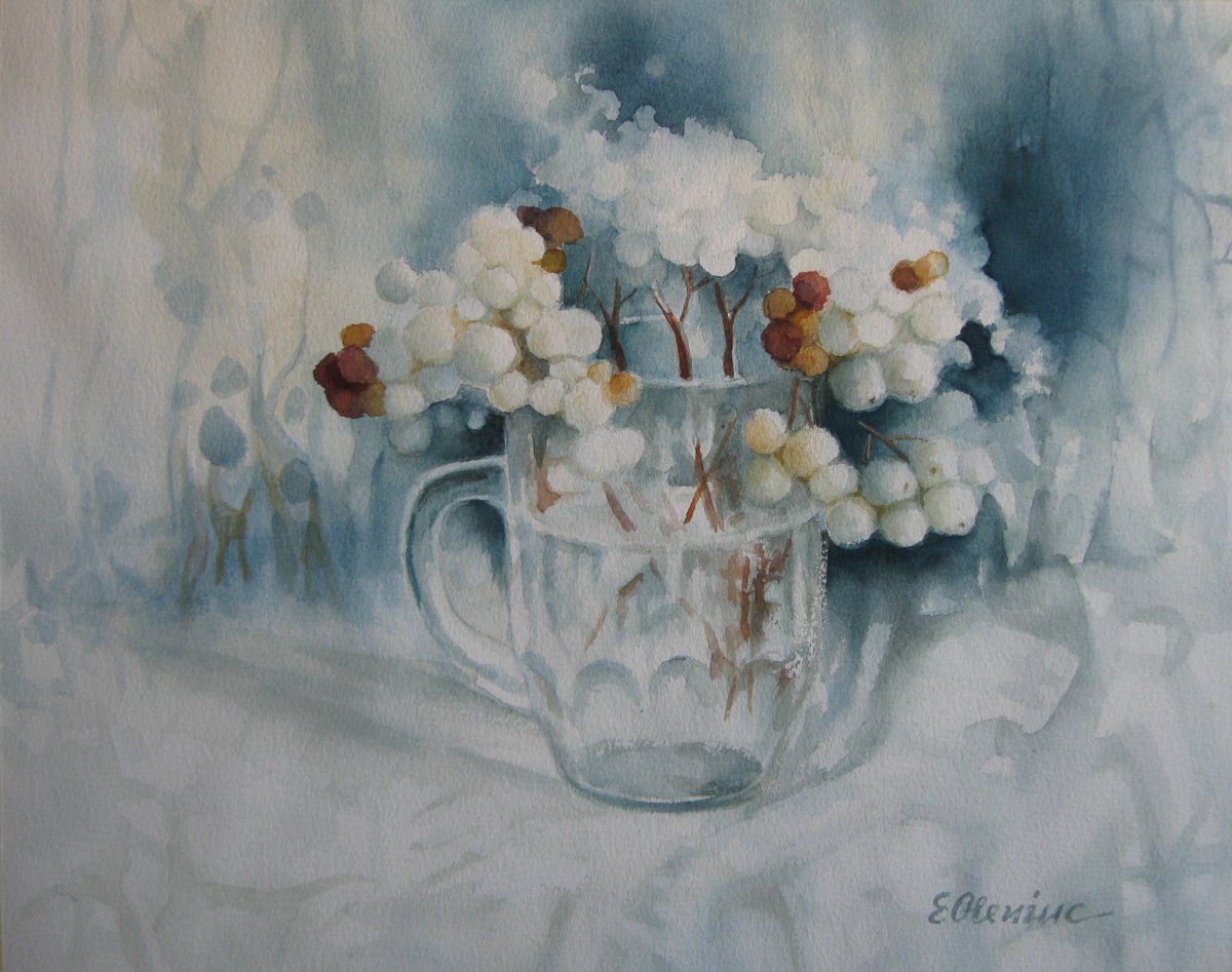 Impressionistic Still Life Watercolour By Elena Oleniuc, 17 X 13, White And Blue, Original Artwork