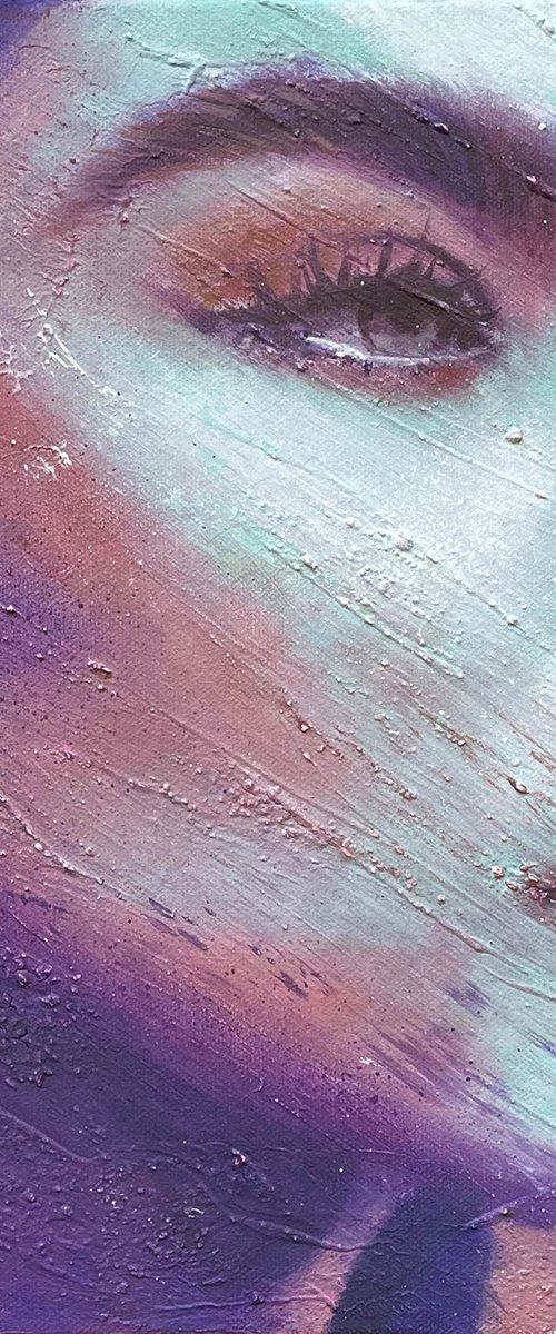 Megan | Oil painting woman modern artwork on canvas purple red green colorful contemporary portrait by Renske Karlien Hercules