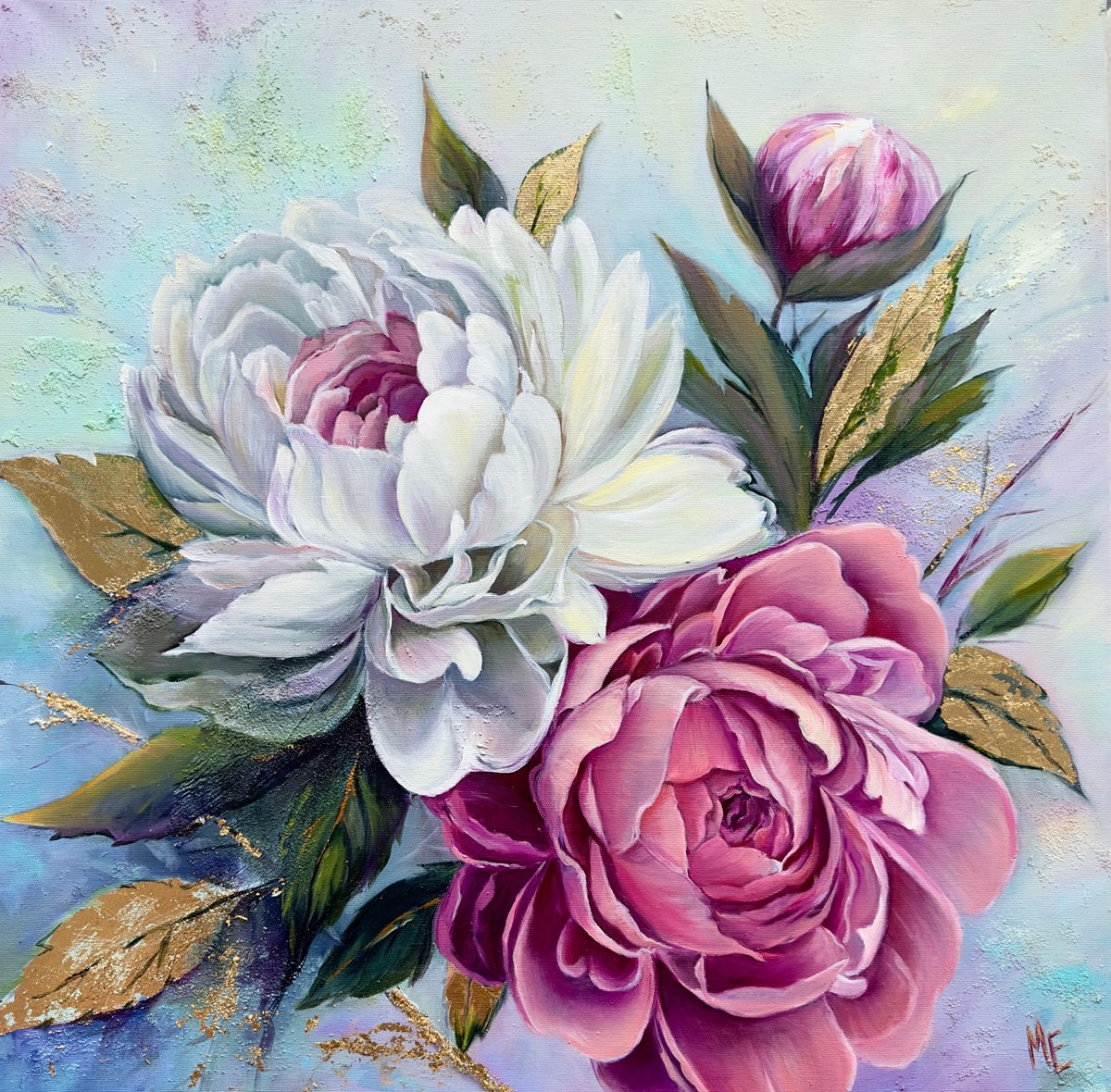 Impressionistic Botanical Oil Painting By Olena Hontar, 24 X 24", Peony Whispers, Original Artwork