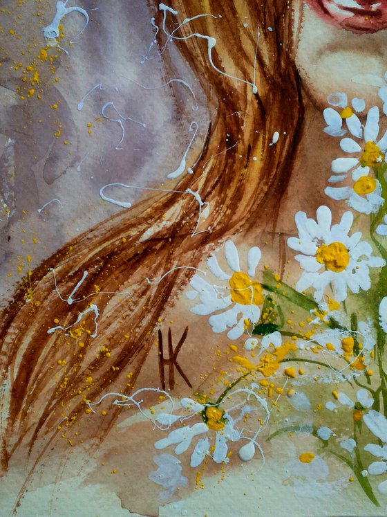 Flower Head Painting Woman Original Art Daisy Watercolor Chamomile Artwork Floral Wall Art 10 by 14 inches