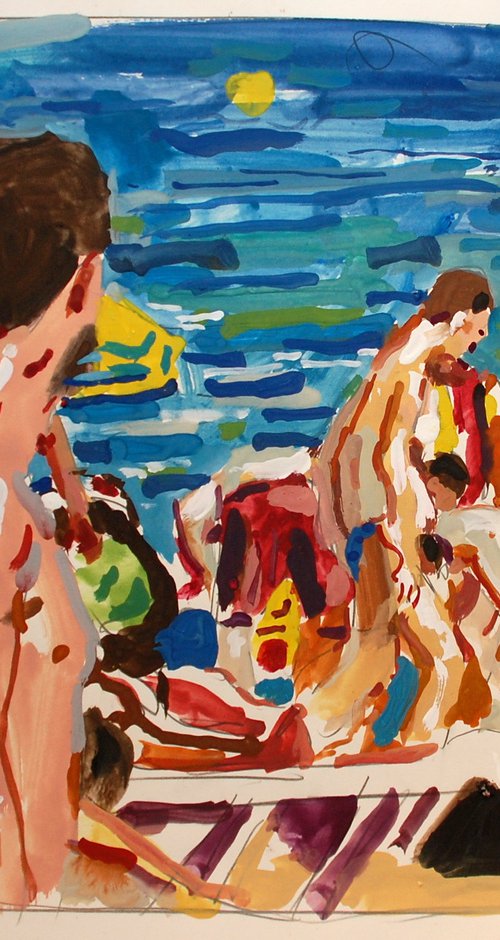 Beach crowd  with man in foreground - goauche by Stephen Abela