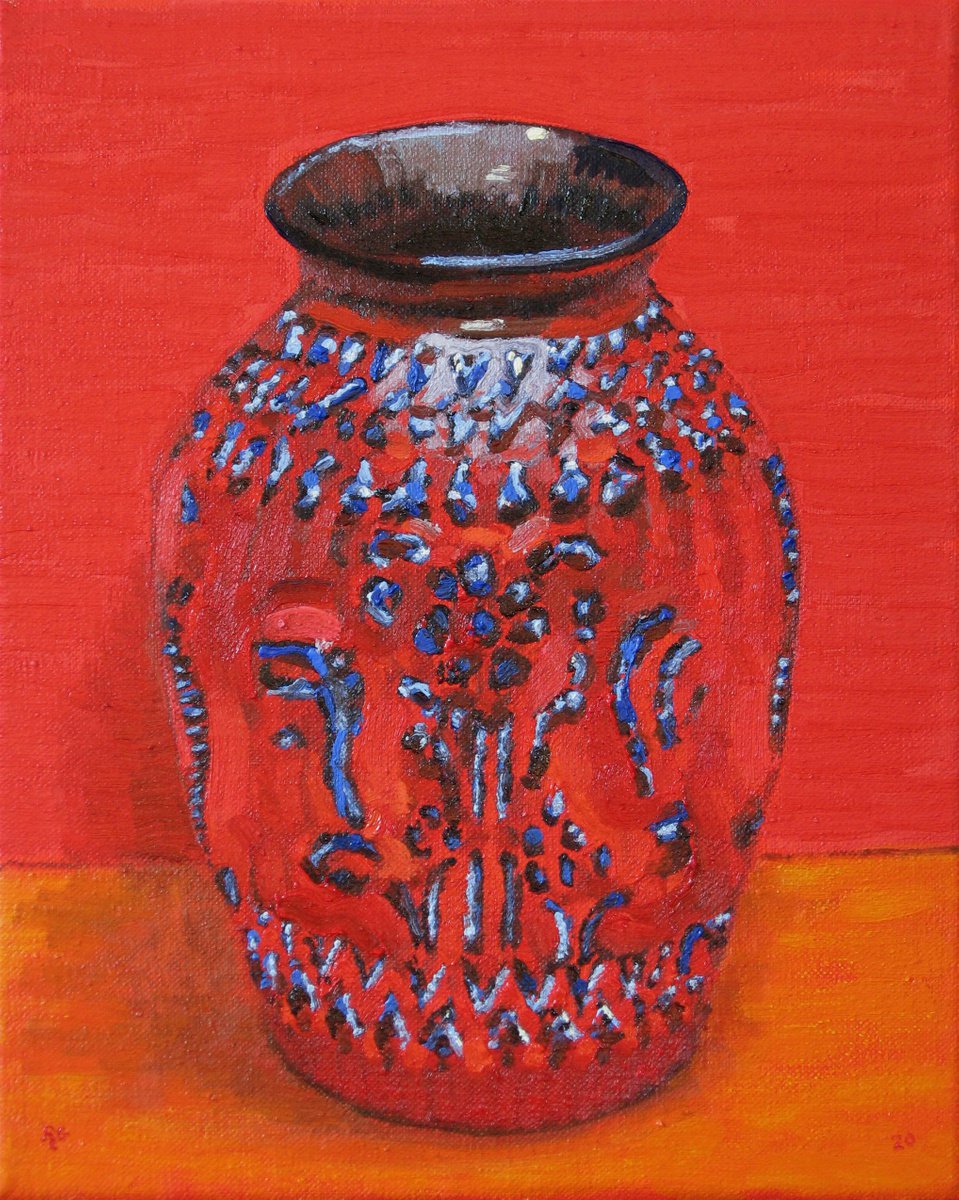 Still Life Oil Painting By Richard Gibson, 8 X 10", Red Vase, Original Artwork