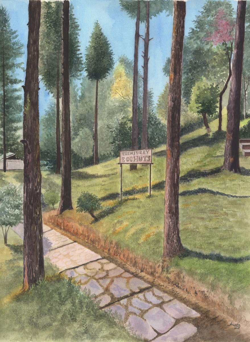 Photorealistic Landscape Watercolour By Shweta Mahajan, 12 X 18", Himalayan Pine Trail, Original Artwork