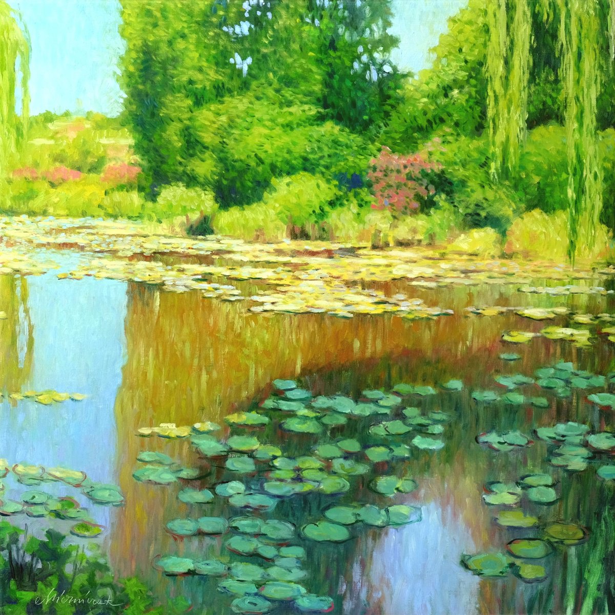 Impressionistic Landscape Oil Painting By Richard Mierniczak, 31 X 31", Water Pond In Giverny Garden, Original Artwork