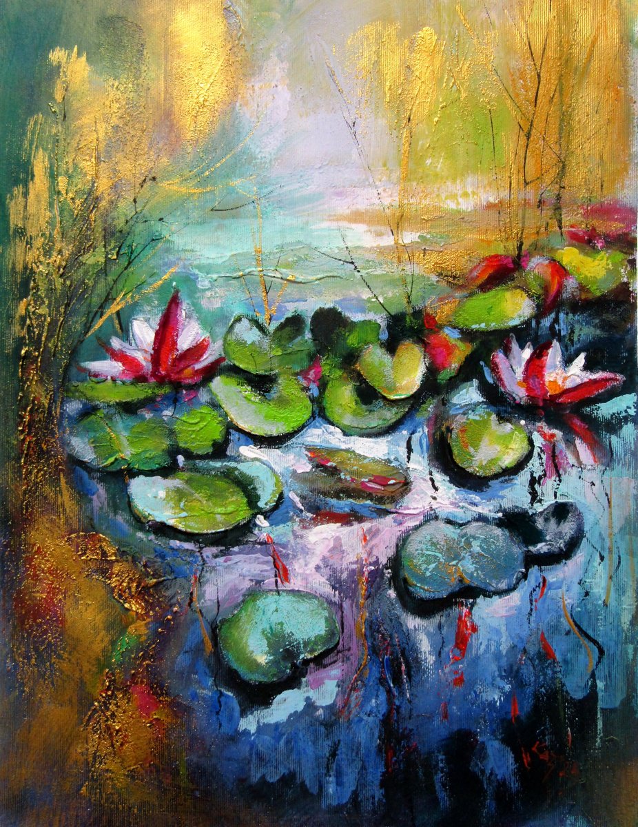 Water mirror and water lilies with gold by Kovacs Anna Brigitta