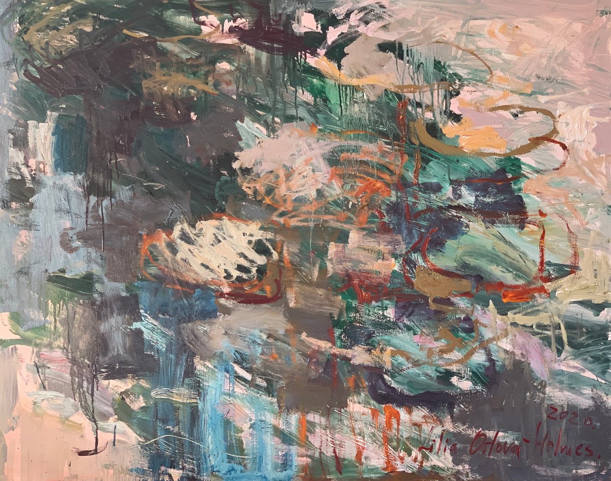 Expressive Landscape Oil Painting By Lilia Orlova-Holmes, 50 X 40", Autumn Reflections., Original Artwork