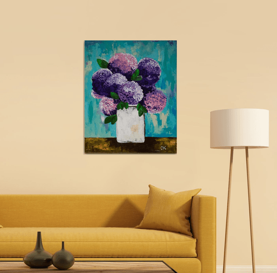 BOUQUET OF Purple and Pink  hydrangea in a white vase palette  knife Original Acrylic painting office home decor gift