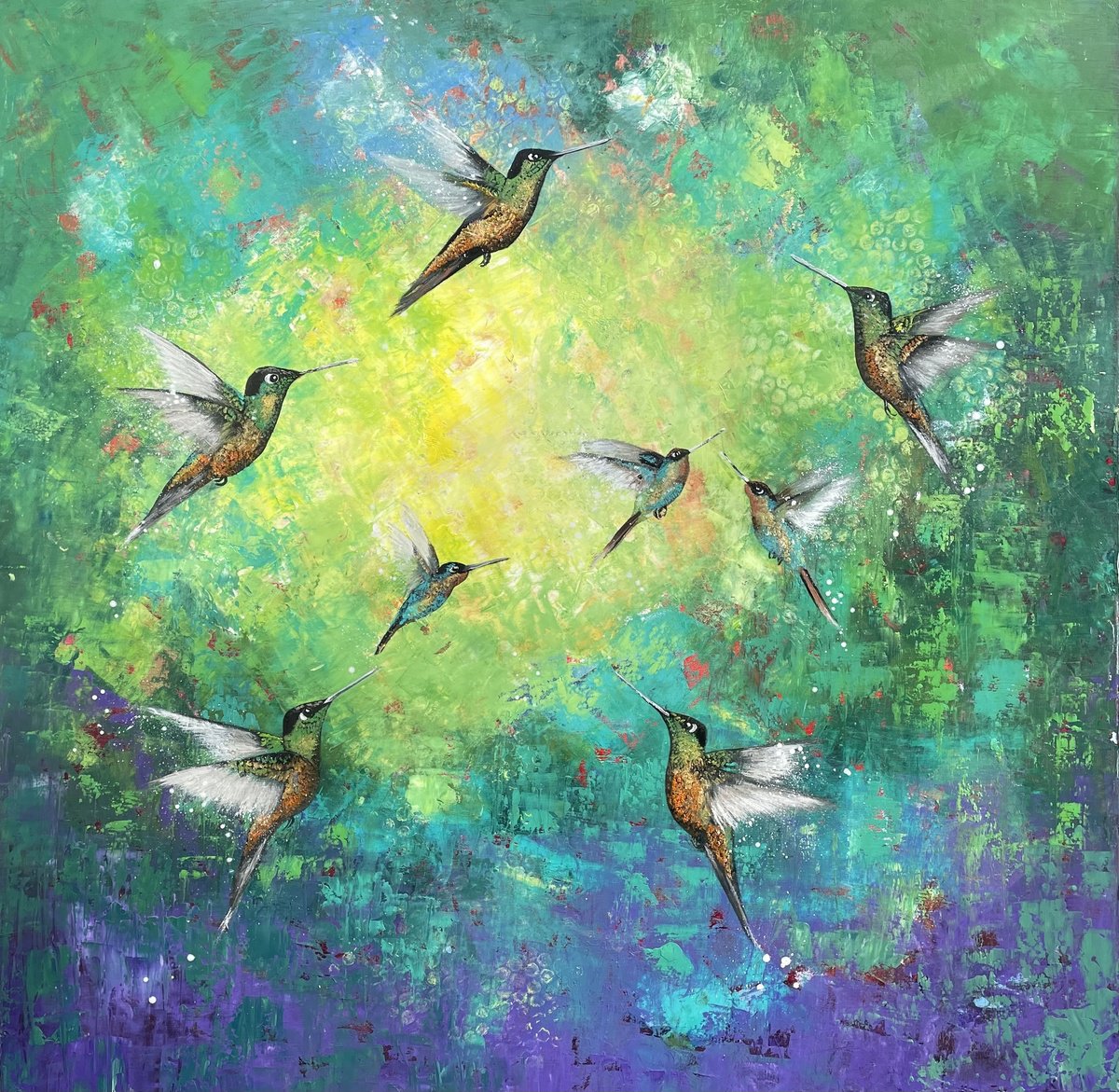 Impressionistic Animal Oil Painting By Laure Bury, 31 X 31", The Wonder Of Life, Original Artwork
