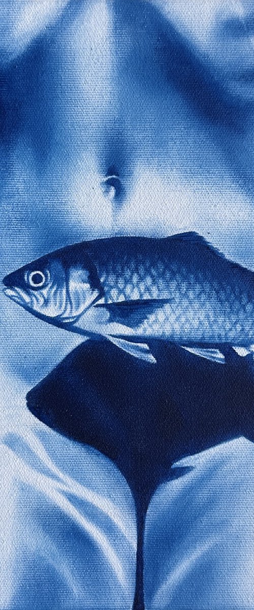 Something Fishy – Blue Nude with Fish by Julia Shilo