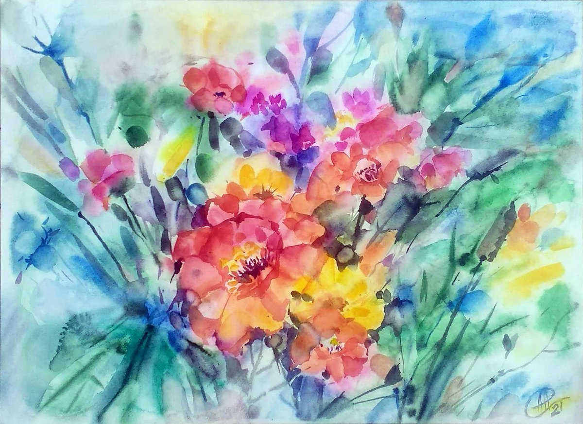 Impressionistic Botanical Watercolour By Alina Skorokhod, 20 X 28, Poppies August