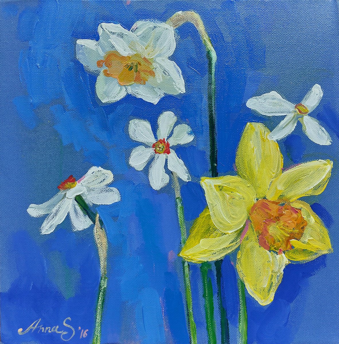 Impressionistic Botanical Acrylic Painting By Anna Silabrama, 12 X 12, - ?Daffodils I - ?, Original Artwork