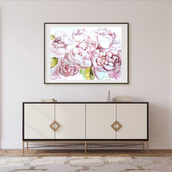 Peonies drawing on paper, Flowers painting