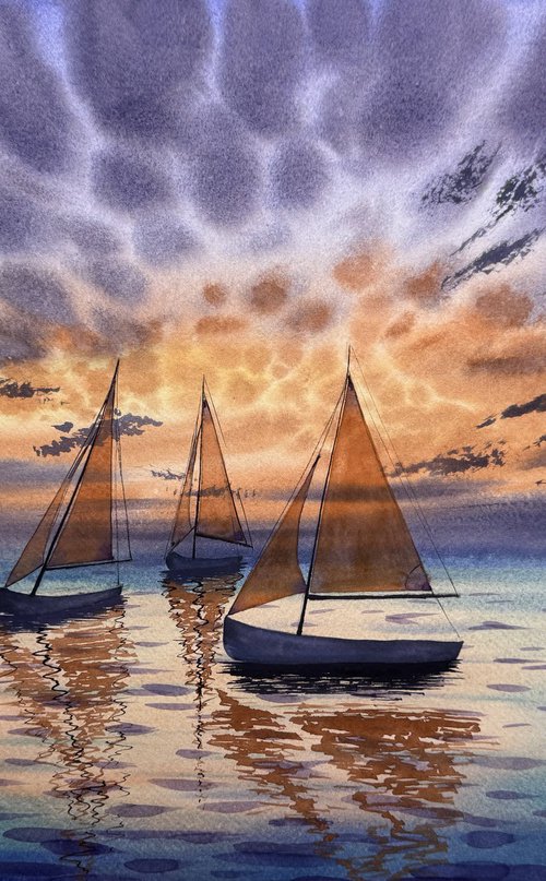 Yachts and Sunset on the sea by Yuliia Sharapova