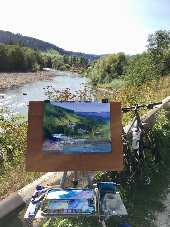 Summer landscape painting with river