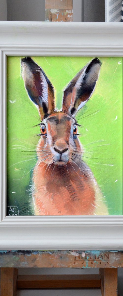Portrait of a hare on a green background by Alexandra Sergeeva