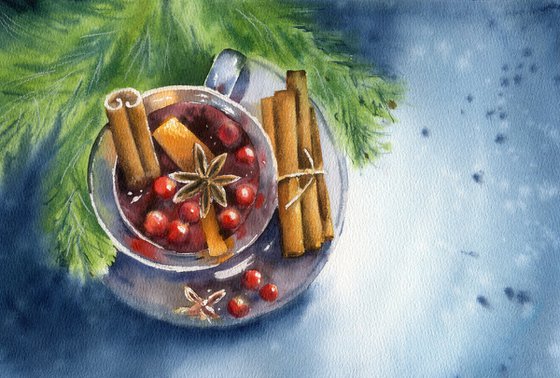 Fragrant mulled wine. Christmas still life. Original watercolor artwork.
