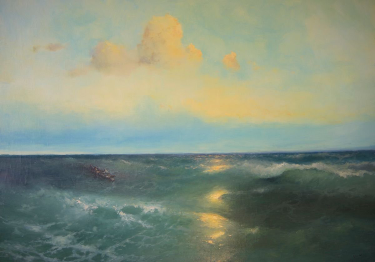 Starting Sunset, Seascape Original oil Painting, Handmade artwork, Museum Quality, Signed by Karen Darbinyan