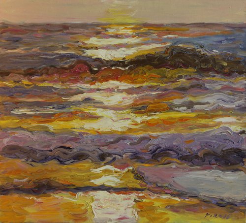 SEASCAPE. STATE OF MIND - landscape, original oil painting, one of a kind, plein air artwork, water ocean, indian sun, waves, beach, hot, sunrise 97x107 by Karakhan