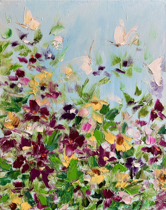 SOLAR BUTTERFLIES - Bright flowers. Large strokes. Summer. Glade. Crimson. Multicolor. Fantasy. Abstraction.