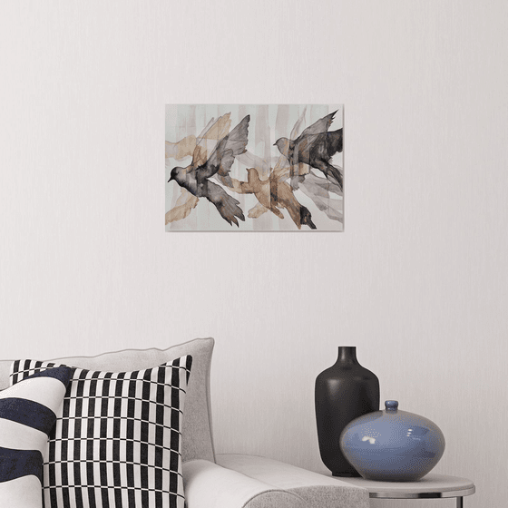 Beige - Black Flying pigeons Silhouette