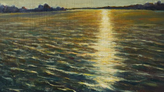 Sunset over the river - sunny landscape painting