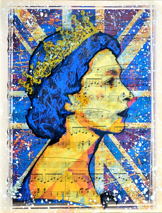 Queen Elizabeth II - Union Jack Brush Stroke - Collage Art on Vintage Music Sheet Page