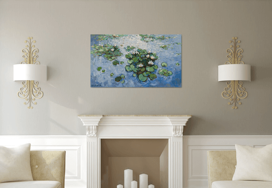 White Water Lilies - Large Original Oil painting 120 x 70 cm