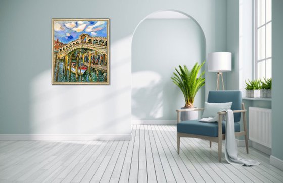 VENICE, RIALTO BRIDGE - Venice cityscape, landscape  - original painting, oil on canvas, architecture, bridge, water, love, vacations , interior home decor