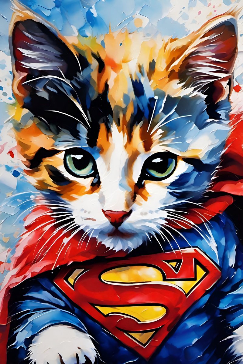 Urban And Pop Animal Giclee Print By Misty Lady - M. Nierobisz, 12 X 17", Superman Dressed Kitty, Original Artwork