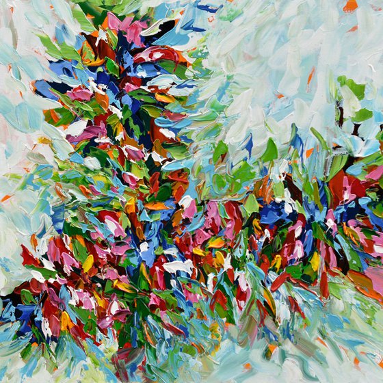 Burst of Flowers II - Abstract Original Acrylic Painting, Textured Palette Knife Wall Art Canvas