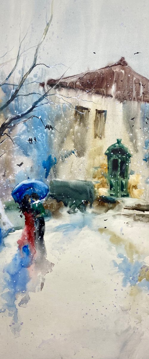 Sold Watercolor “Romance under snowflakes” perfect gift by Iulia Carchelan