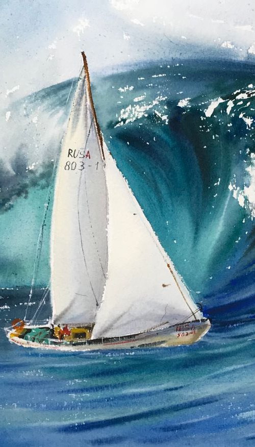 Sailing yacht in a storm by Eugenia Gorbacheva