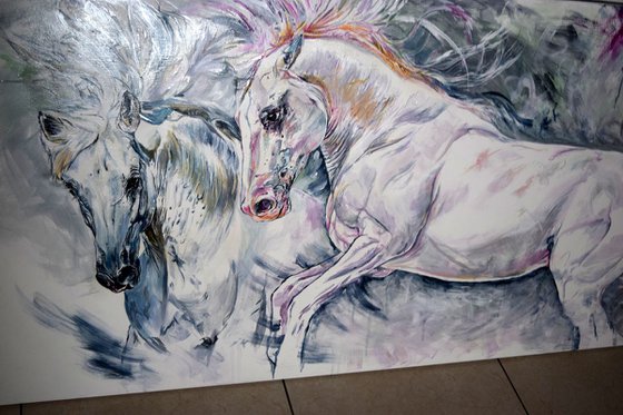 Freedom / Horses 60" x 29" X Large painting / Modern Equine Contemporary