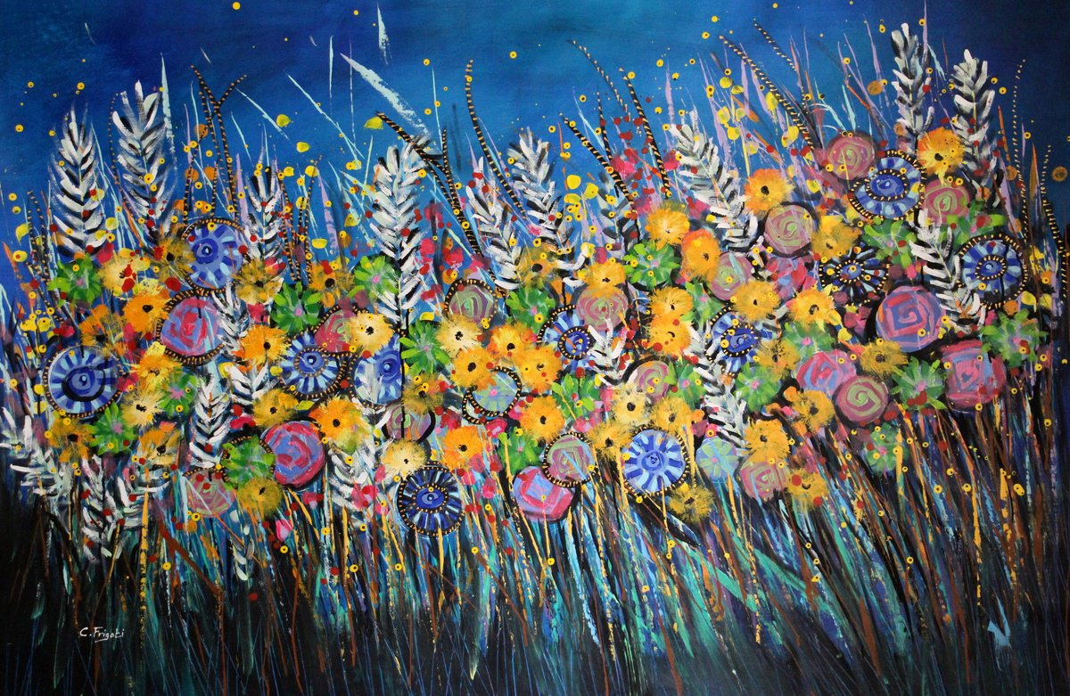 Expressive Botanical Acrylic Painting By Cecilia Frigati, 59 X 40, Happy Days #3, Original Artwork