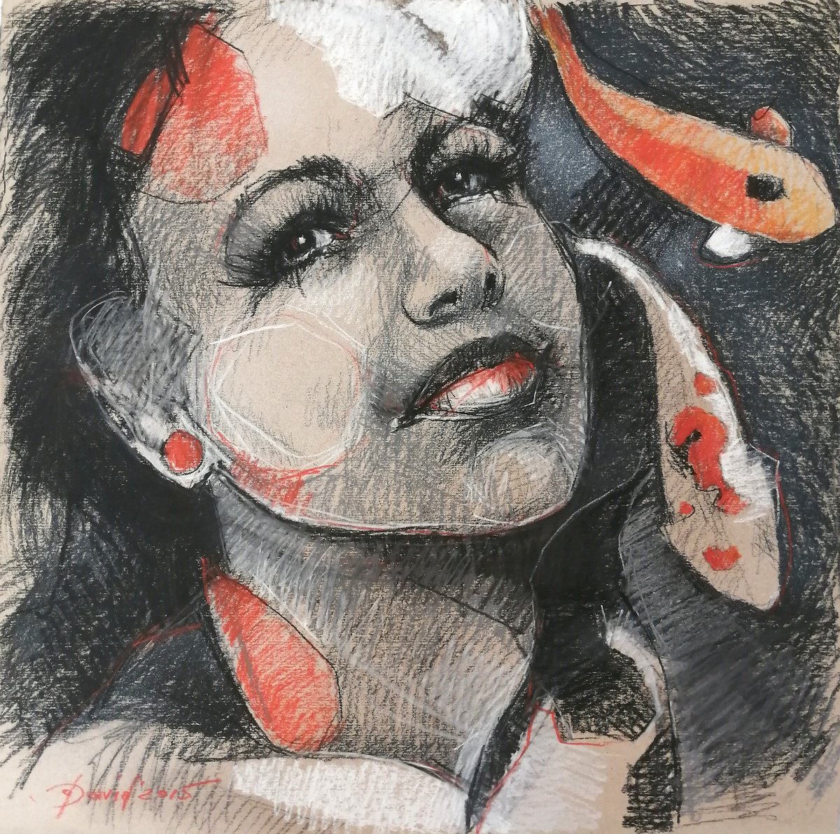 Illustrative Portrait Pastel Drawing By Olga David, 24 X 24", Koi Fish Girl, Original Artwork