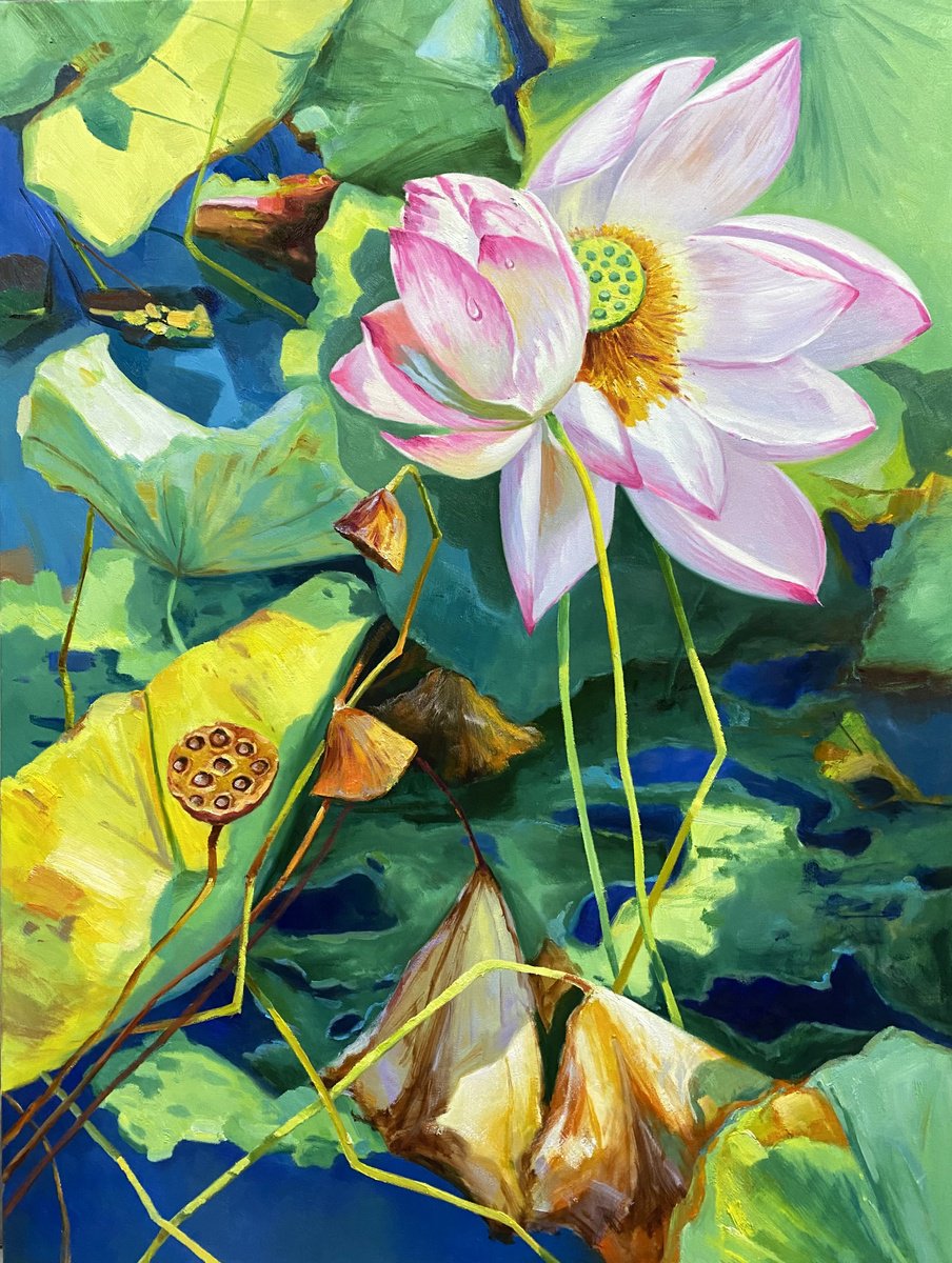 Still life oil painting:Lotus t182 by Kunlong Wang