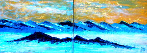 Golden Skies II & III . Two paintings 40cm x 30cm ( 80cm x 30cm combined ) by Paul J Best