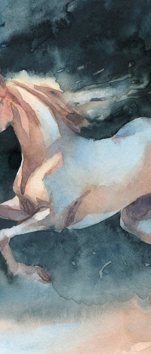 Running white horse in watercolor by Yulia Evsyukova