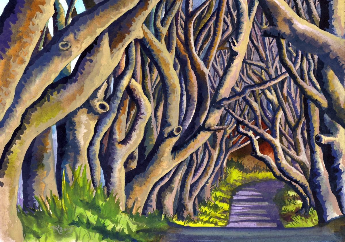Illustrative Landscape Painting By Terri Smith, 16 X 12", Dark Hedges, Original Artwork