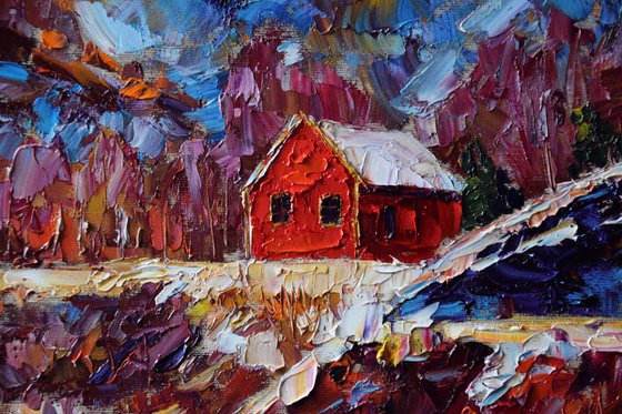 Original palette knife oil painting Red house in Norway mountains