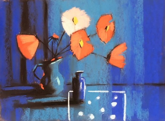 RED POPPIES ON BLUE BACKGROUND