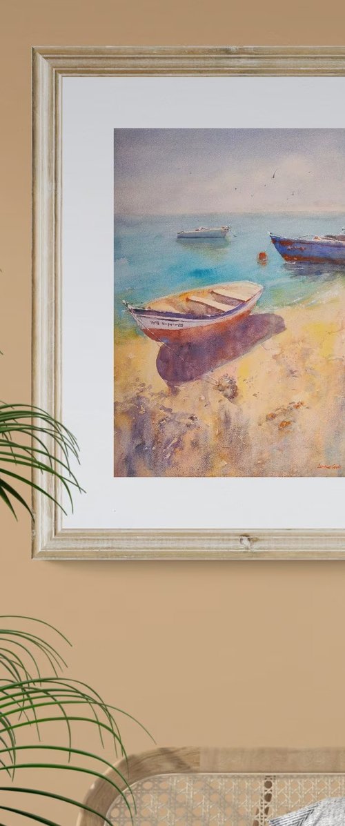 A walk on the Lanzarote shore | Original watercolor painting (2019) Hand-painted Art Small Artist | Mediterranean Europe Impressionistic by Larisa Carli
