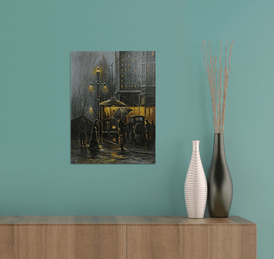 Night rain Oil painting, 40x30cm, impressionism, ready to hang