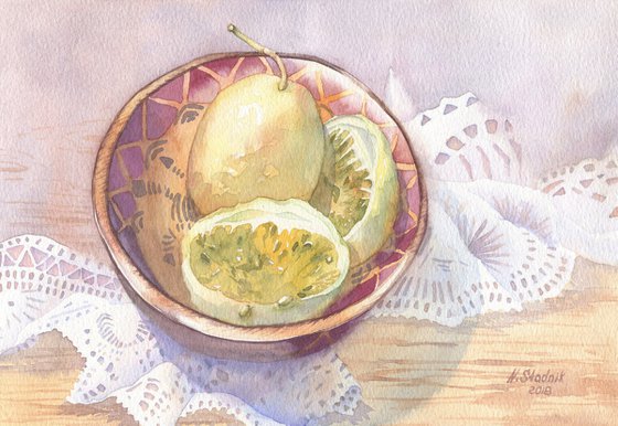Ukrainian watercolour. Passion fruit in a wooden plate