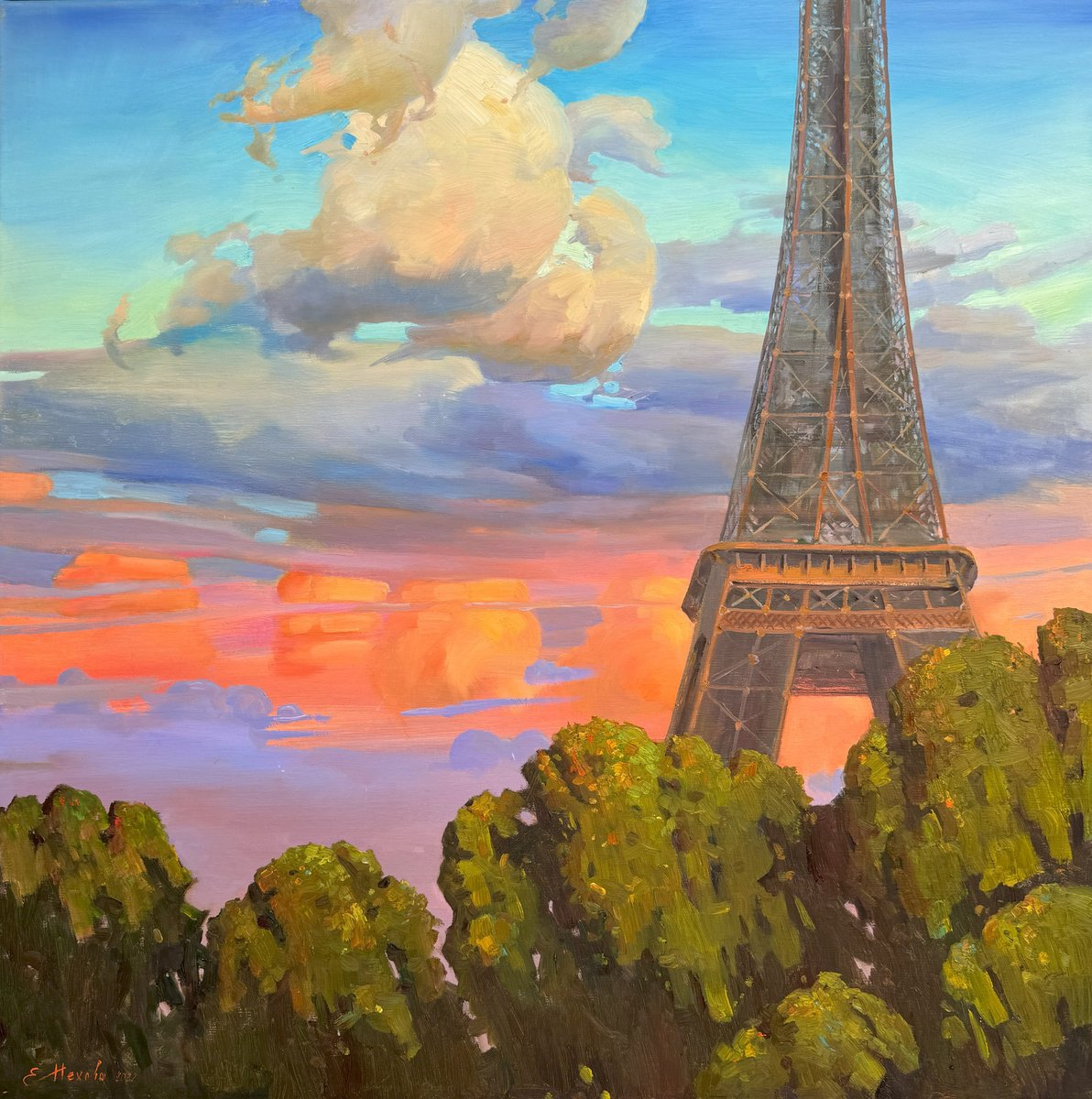 Impressionistic Cityscapes Oil Painting By Evgeniia Mekhova, 31 X 31, Paris Sunset, Original Artwork