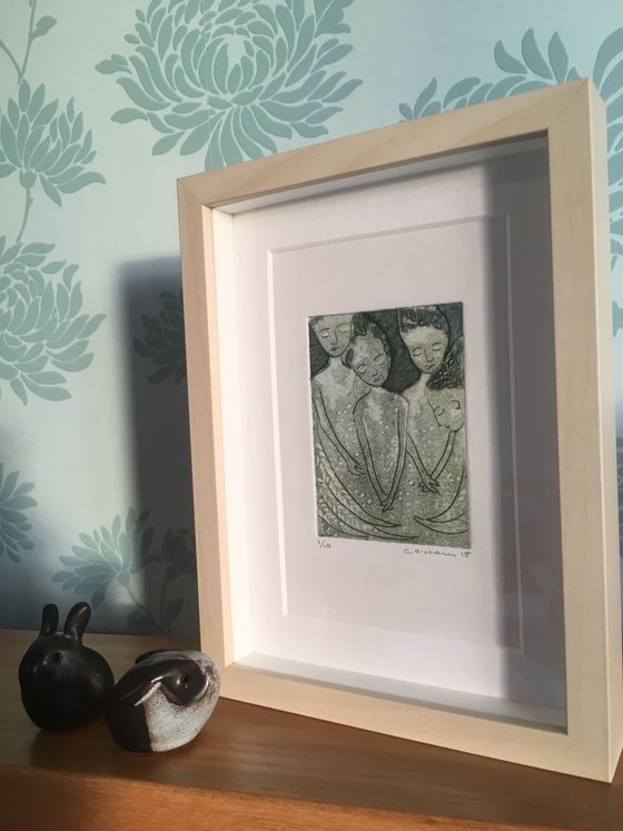 Angels   Collagraph   printed in green FRAMED  GIFT IDEA